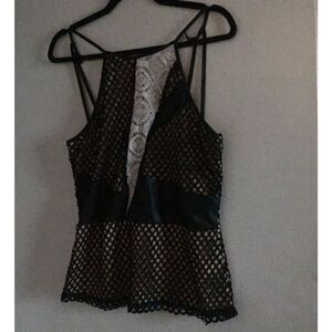 SOLD~BKE BOUTIQUE Black Net~Lace~Faux Leather Lined Peplum Top Sz Large